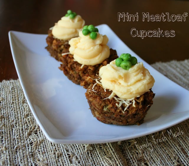 3 Mini Meatloaf Cupcakes served on a white plate