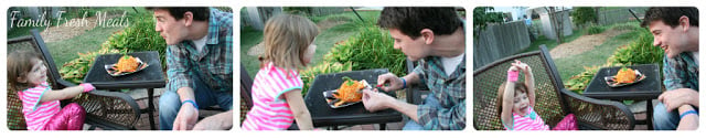 3 images together of a man and child eating The Perfect Fall Cheese Ball