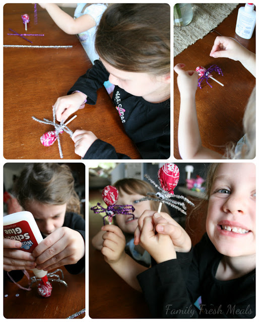 Collage picture showing 2 children making the sucker craft with lollypops, pipe cleaners and google eyes