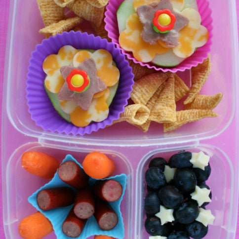 top down image of lunchbox with breadless cucumber sandwiches, mini sausages, chips, blueberries and carrots