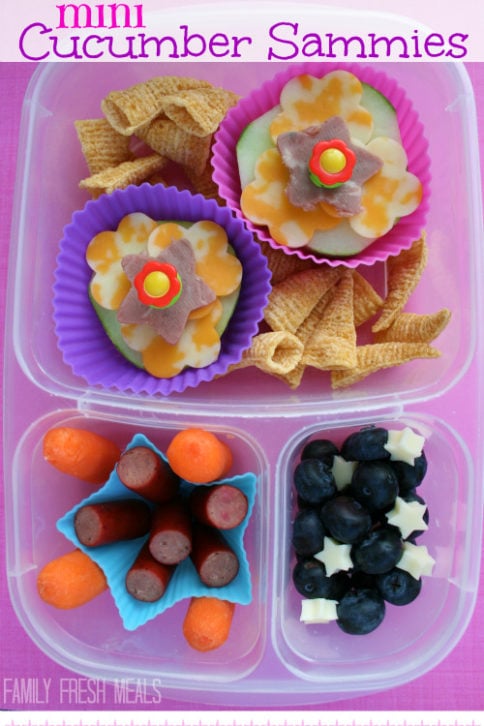 top down image of lunchbox with breadless cucumber sandwiches, mini sausages, chips, blueberries and carrots