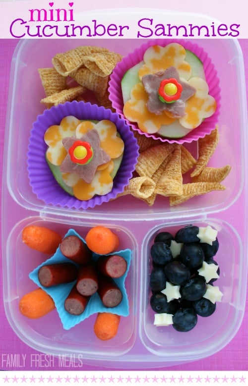 top down image of lunchbox with breadless cucumber sandwiches, mini sausages, chips, blueberries and carrots