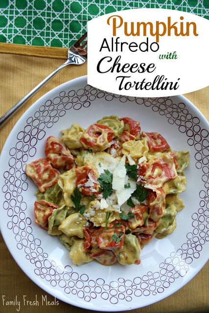 Pumpkin Alfredo with Cheese Tortellini served on a white plate