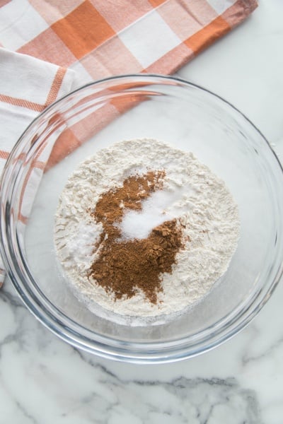 Baking soda, cinnamon, pumpkin pie spice, and salt in a large mixing bowl