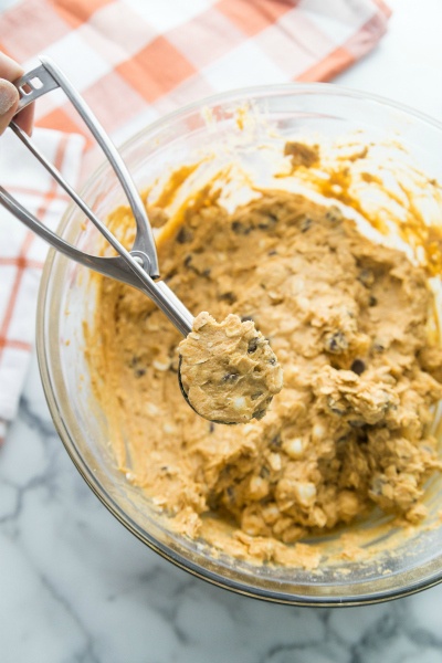 scooping cookie dough with cookie scoop