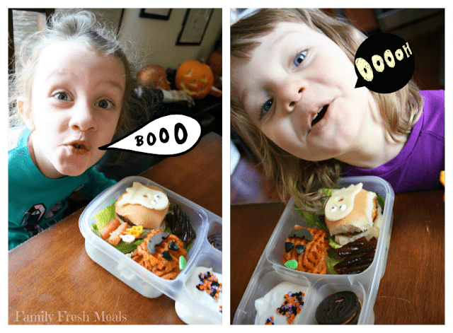 2 different images of 2 different children sitting at a table with halloween food theme lunched box, with speech bubble coming from their mouths saying Booo