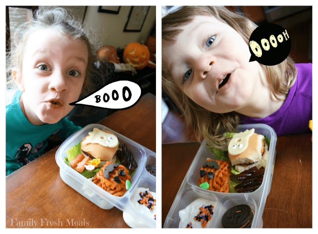 2 different images of 2 different children sitting at a table with halloween food theme lunched box, with speech bubble coming from their mouths saying  Booo