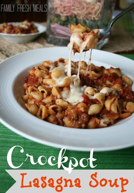 A bowl of Crockpot Lasagna Soup with a spoon scooping up some soup