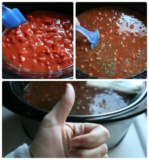 3 images showing Crockpot Lasagna Soup Ingredients in a slow cooker