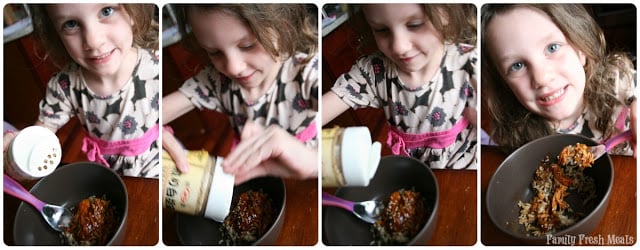 4 images showing a child shaking sesame seeds over sesame chicken