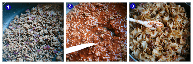 1st image is of beef browning in pan, 2nd image is of red sauce being stirred into beef and last image show noodles being added to pan