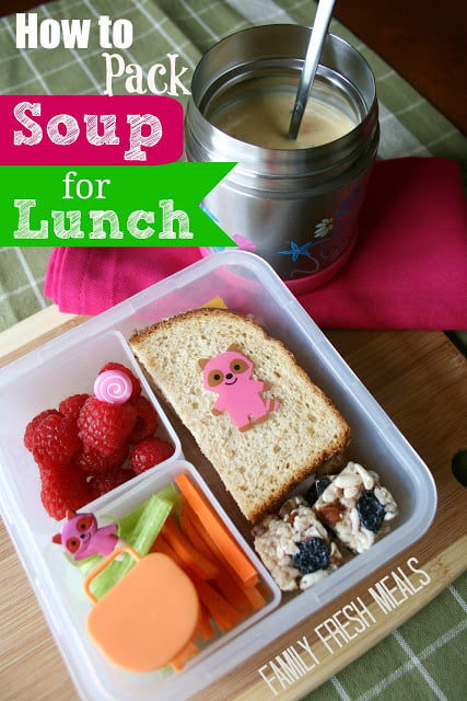 top down image of lunchbox and thermos with soup