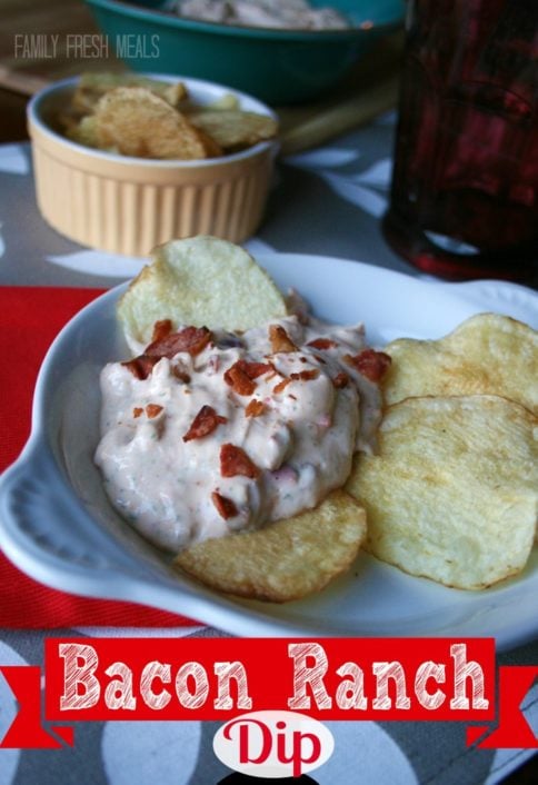 bacon ranch dip on a plate with potato chips