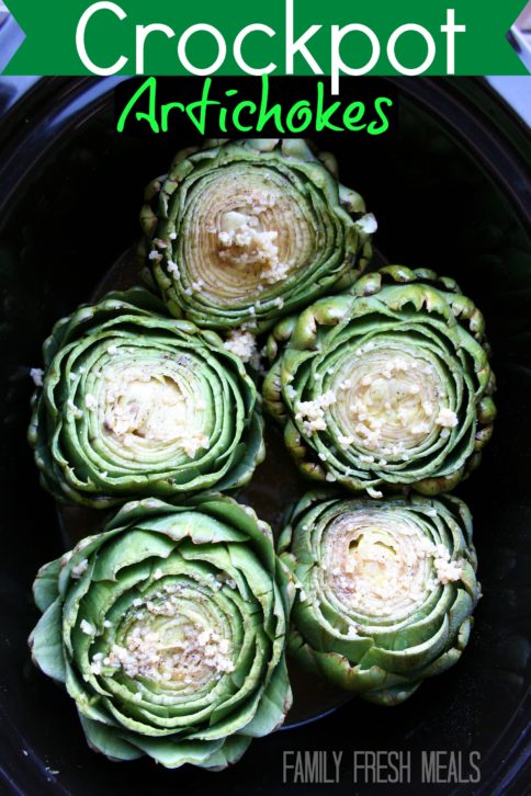 top down image of artichokes in a slow cooker