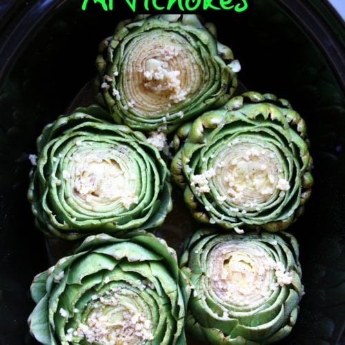 top down image of artichokes in a slow cooker