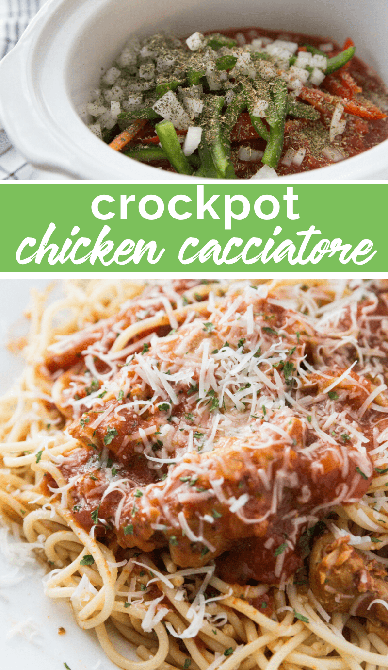 Do you need a healthy family dinner that will cook itself? This Crockpot Chicken Cacciatore became and instant HEALTHY family favorite at my house. #crockpot #slowcooker #chicken #crockpotchicken via @familyfresh