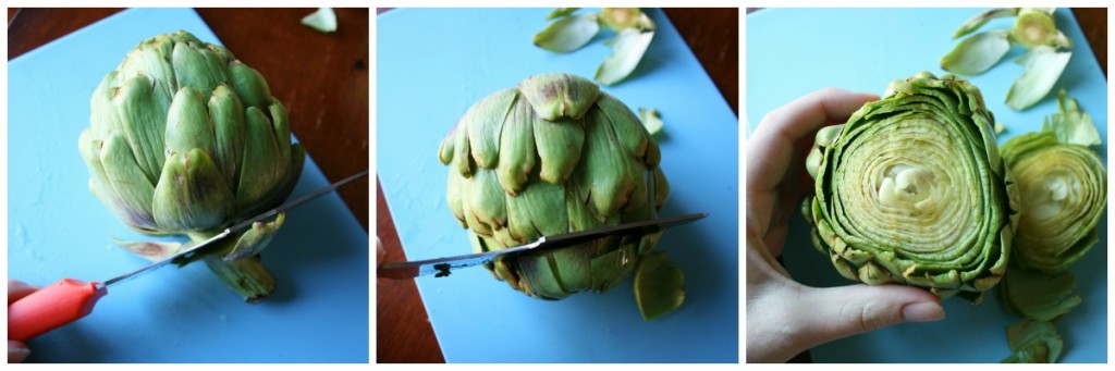 3 images showing how to Trim the tip and bottom of artichokes