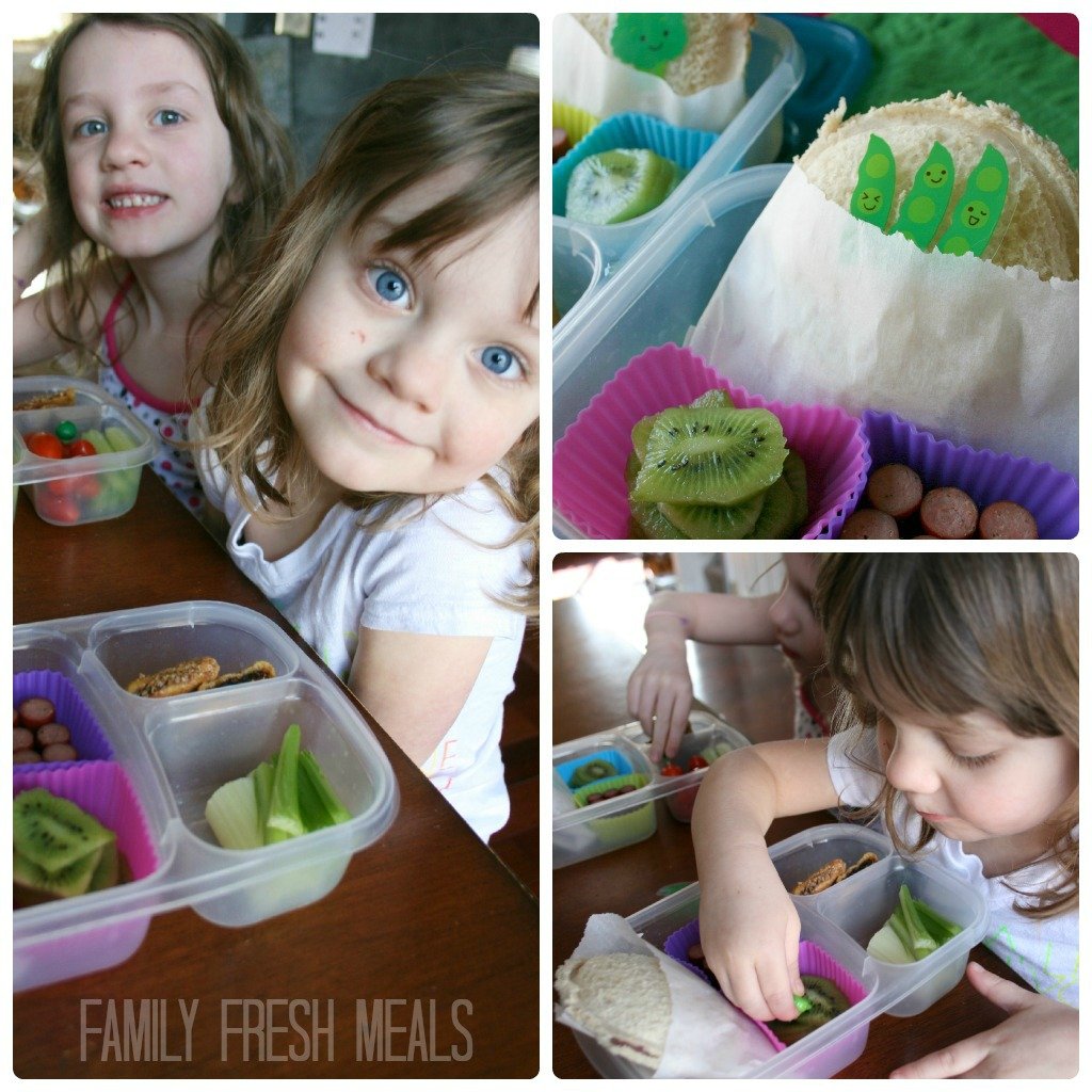 Collage image of 3 pictures showing 2 children sitting at table eating lunches from lunchboxes