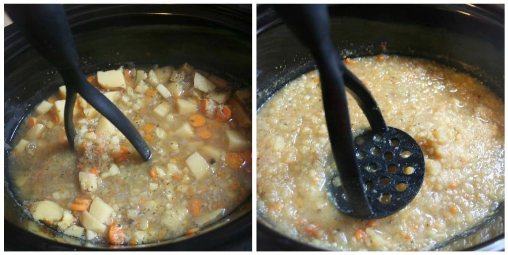 mashing chunks of vegetables in slow cooker