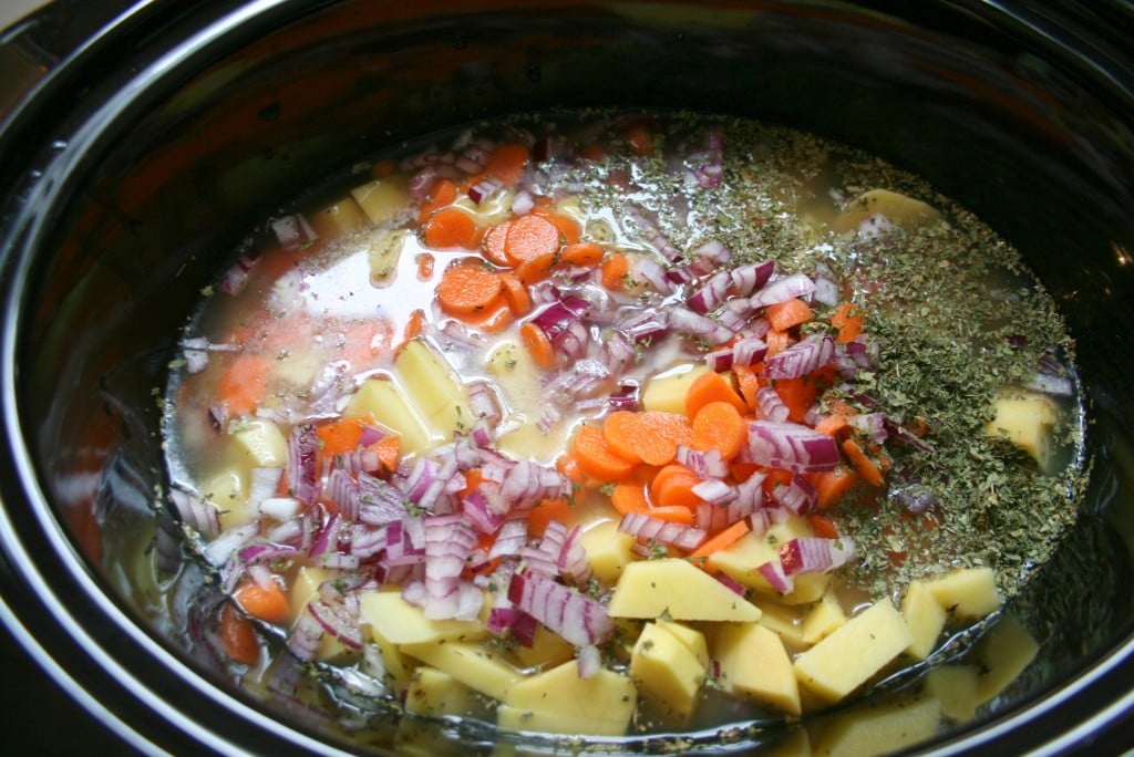 vegetables, both and seasoning placed in crockpot