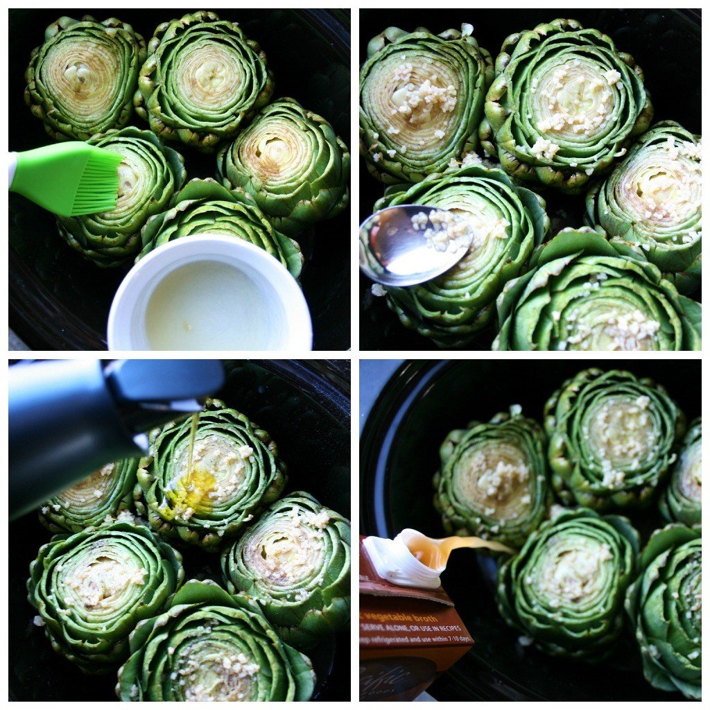 artichokes in crockpot, topped with with olive oil, garlic and broth