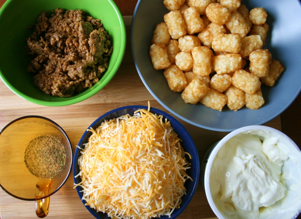 tater tot dip ingredients - tater tots, cooked ground beef, shredded cheese, sour cream, and seasoning.