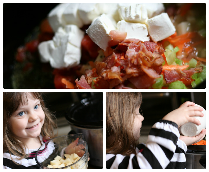 Child adding the rest of the soup ingredients to the slow cooker - Crockpot Bacon Cheeseburger Soup