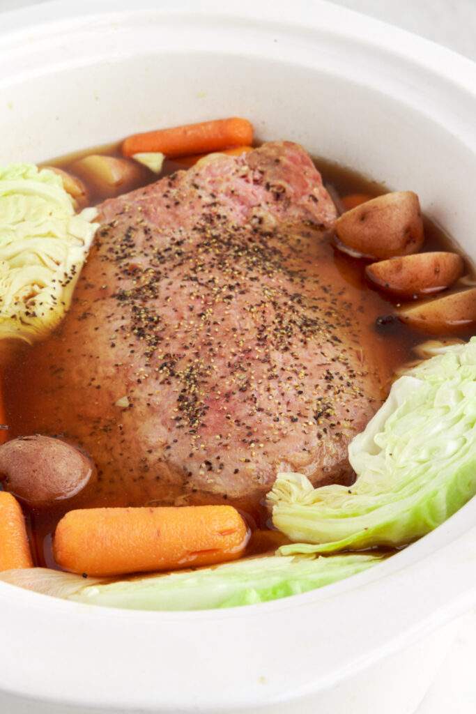 Crockpot Corned Beef and Cabbage in slow cooker