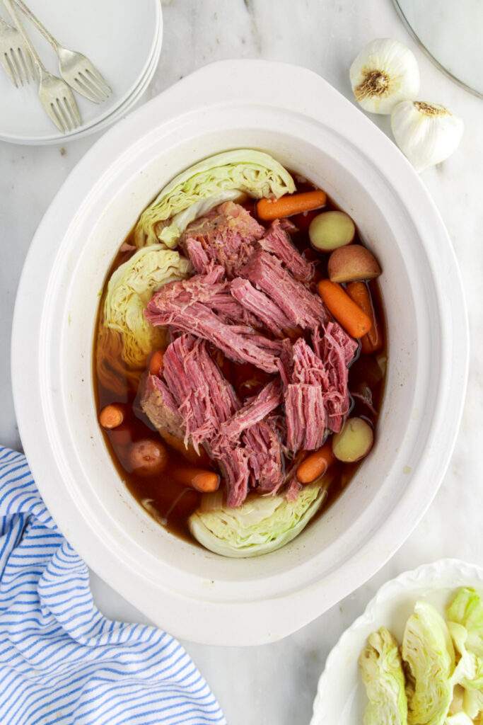 Crockpot Corned Beef and Cabbage in slow cooker