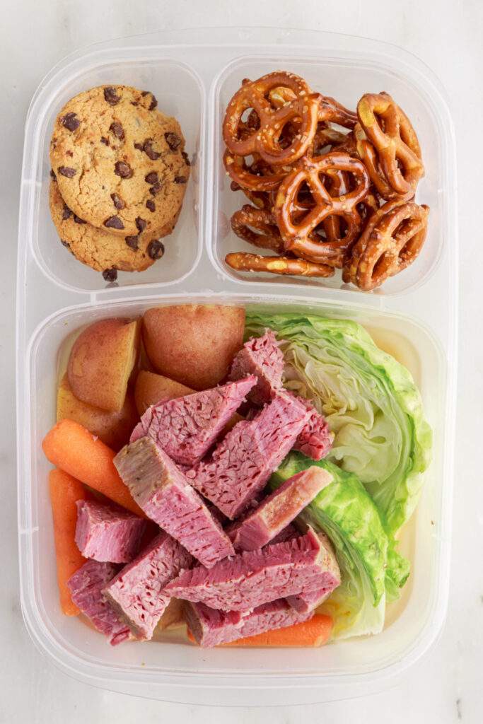 Crockpot Corned Beef and Cabbage packed in a lunchbox