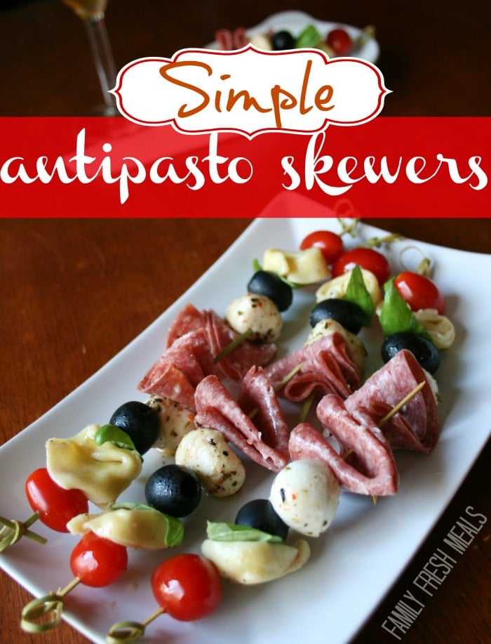 Simple Antipasto Skewers served on a white plate