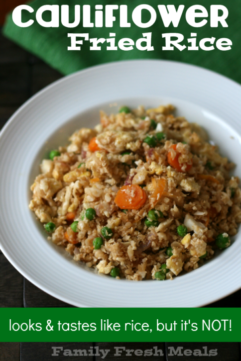 Cauliflower Fried Rice. Looks like rice, tastes like rice, but it's cauliflower! - FamilyFreshMeal.com