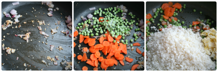 3 pictures showing cauliflower rice ingredients cooking in a pan