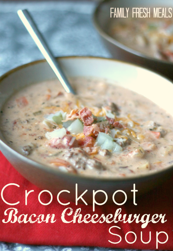 Crockpot Bacon Cheeseburger Soup served in a bowl with a spoon.