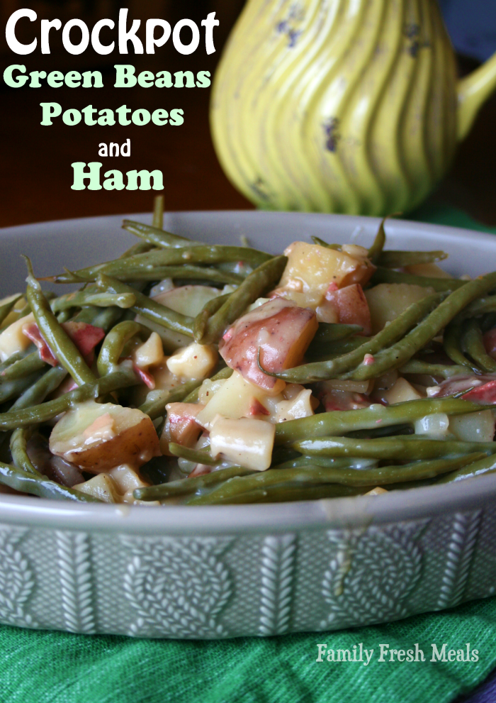 Crockpot Green Beans Potatoes and Ham in a grey serving dish