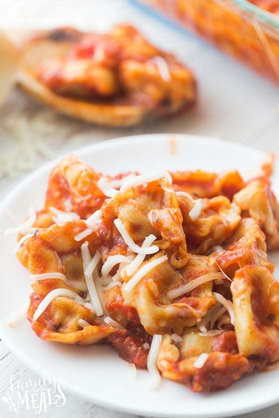 Easy Cheesy Tortellini Pasta Bake Recipe - Served on a white plate.