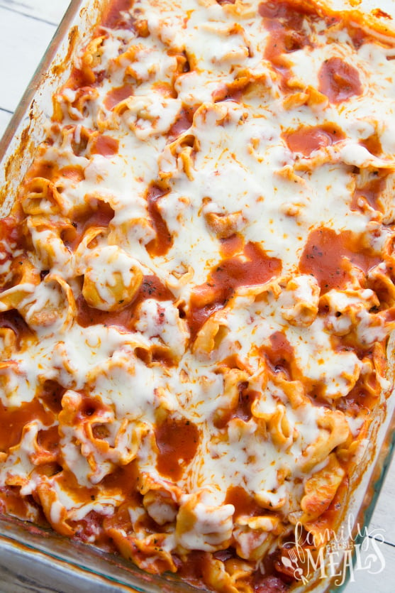 Cooked Easy Cheesy Tortellini Pasta Bake Recipe in a baking pan