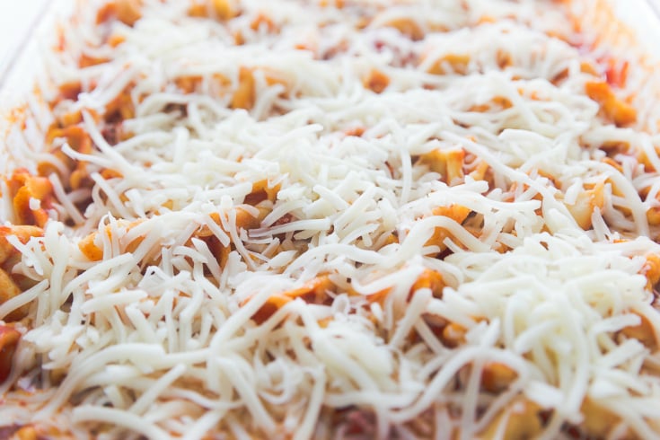 Shredded cheese sprinkled on top of pasta