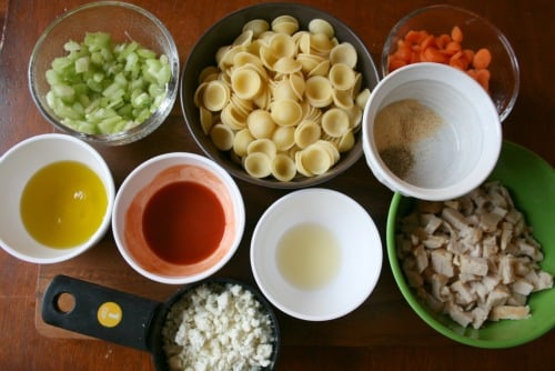 Buffalo Chicken Pasta Salad ingredients in bowls