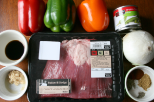 Crockpot Beef Fajitas Ingredients laid out on a table