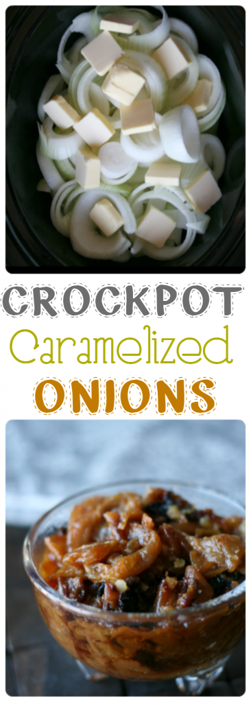 collage image showing butter tabs and onions in crockpot, and bottom image of cooked onions