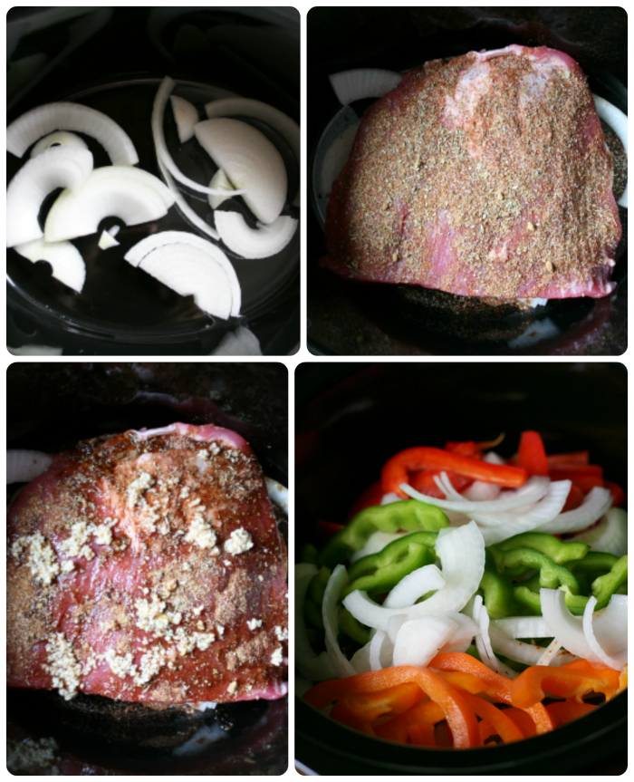 collage image showing onions in slow cooker, topped with beef, seasoning on top of beef and then topped with sliced peppers and onions