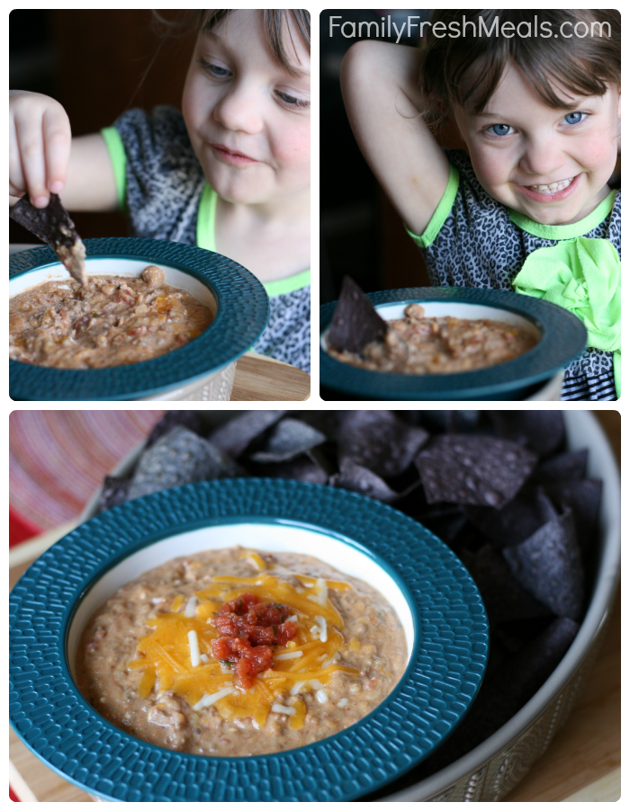 collage image of a child eating the taco bean dip with chips