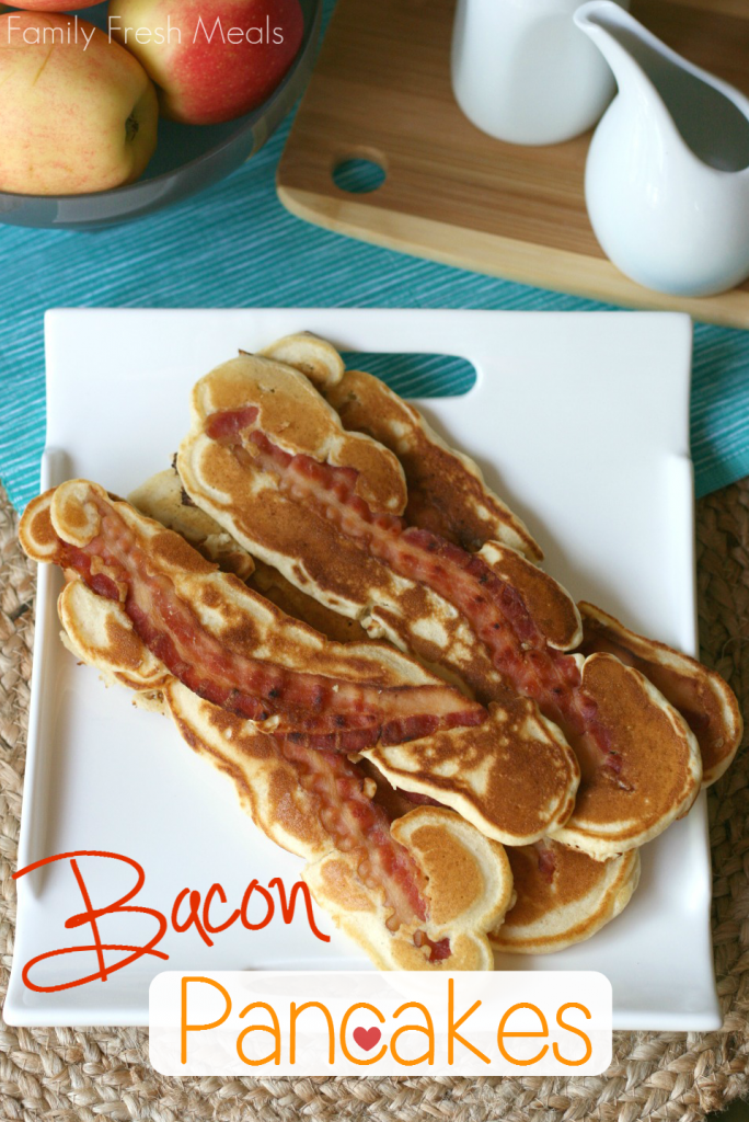 Bacon pancake strips stacked on a white plate