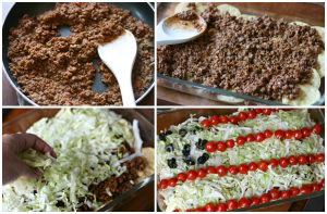 Easy Taco Salad Flag - Show steps to make taco salad. Browning beef, and layering casserole