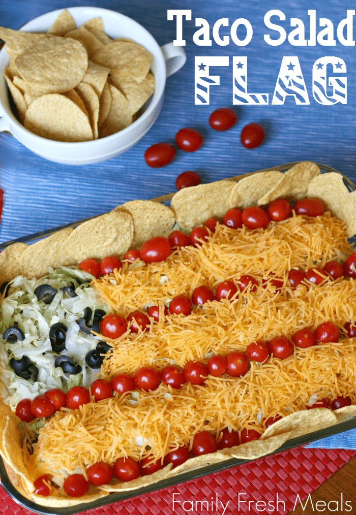 Top down image of Easy Taco Salad Flag served with chips