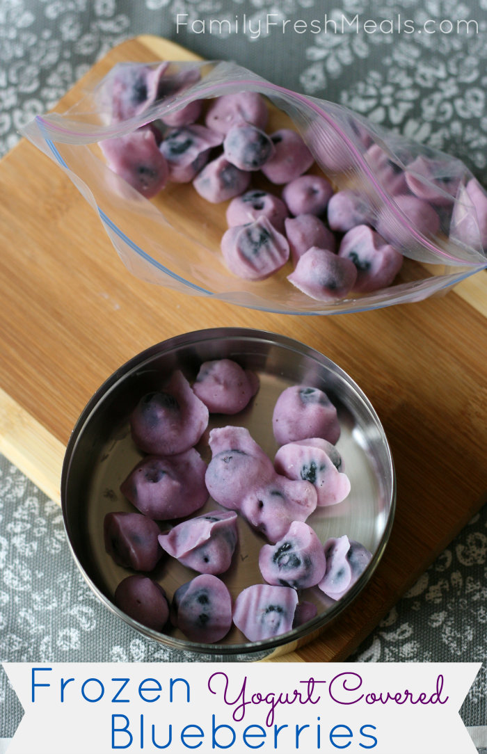 Frozen Yogurt Covered Blueberries in a ziplock bag and in a small tin