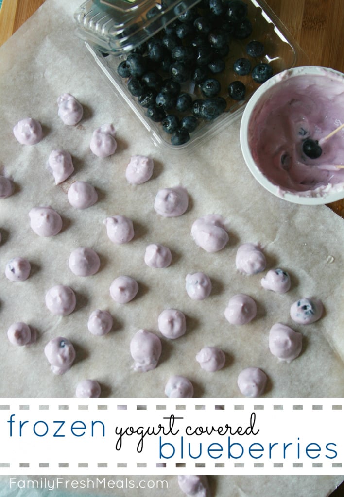 Frozen yogurt covered blueberries on a parchment lined baking sheet