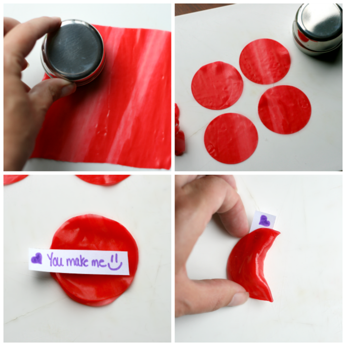 Showing steps on how to make Fruit Leather Fortune Cookies - Cut out small circles, lay circles flat, place fortune cookie message inside, seal cookie 