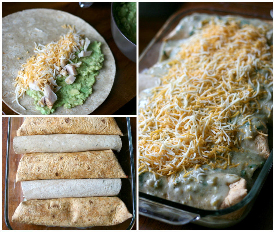  Filling tortillas with chick, cheese and avocados, and placed in baking dish and topped with sauce and shredded cheese